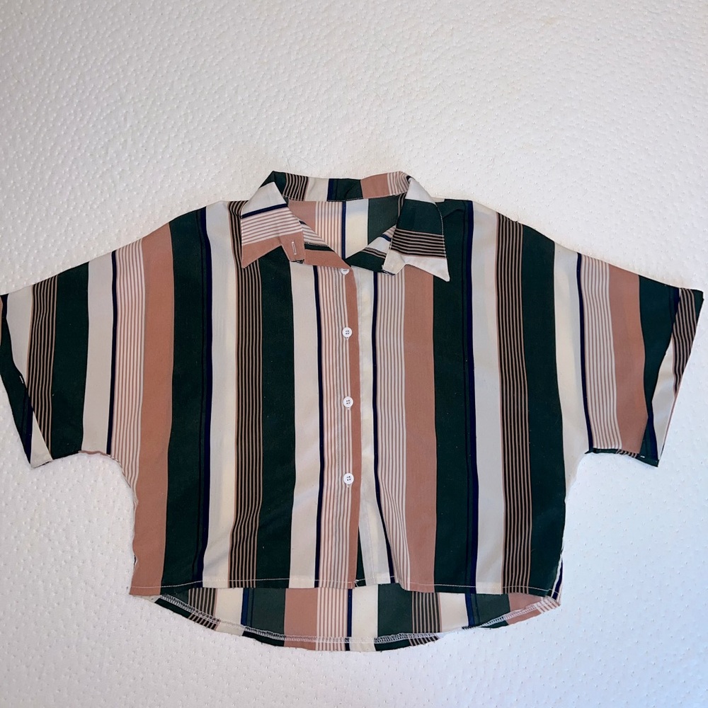 Romwe Striped Front Button Shirt, Women’s Casual Short Sleeve Lapel Crop Top
